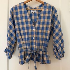FRNCH Paris Blue Gingham V-Neck Tie Waist Puff Dolman Sleeve Blouse Top Size M